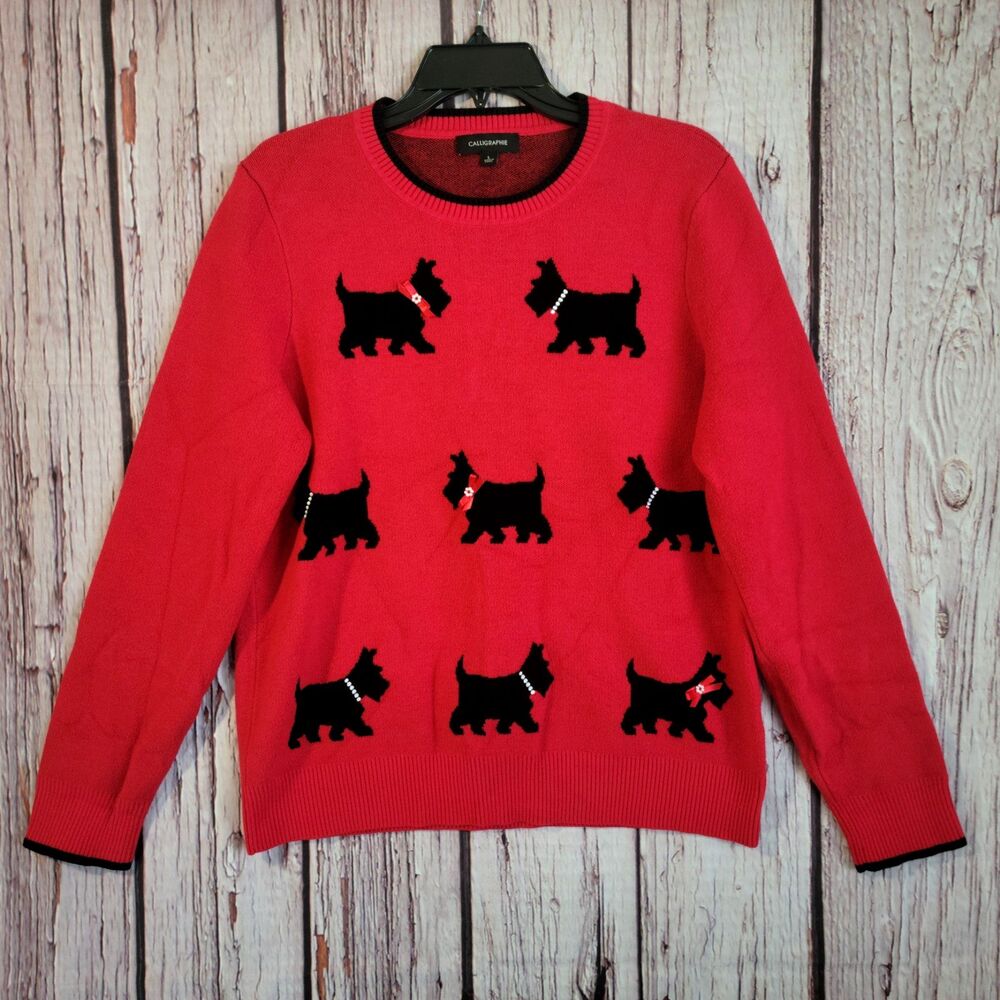 Calligraphie Sweater Viscose Blend Scottie Dog Embellishments Red Crew Womens